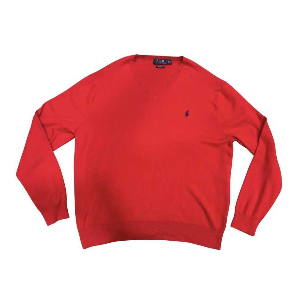Polo Ralph Lauren Men's Red Pima Cotton V-Neck Sweater Size XL Pony‎